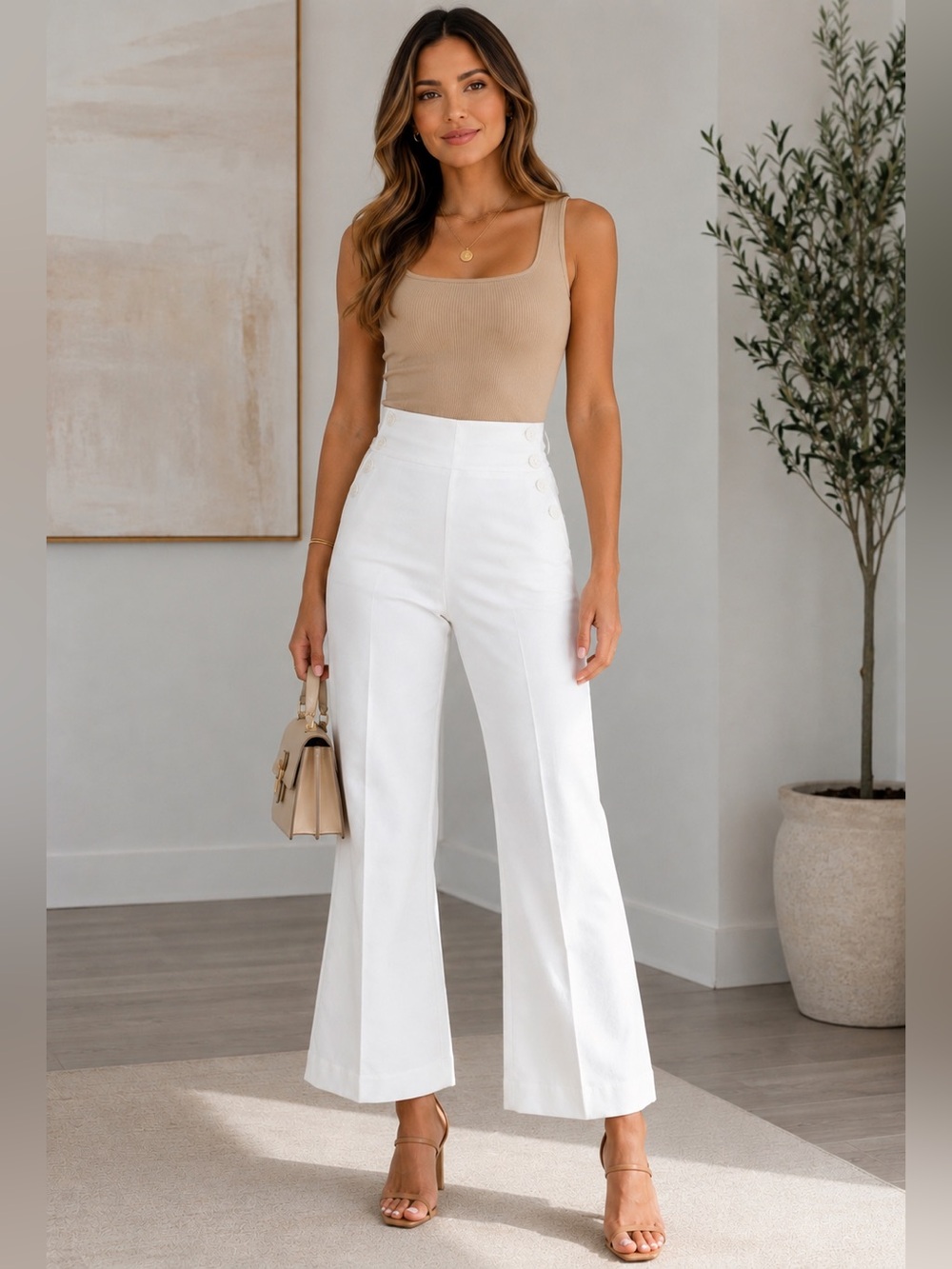 Halogen White Wide-Leg Pants Size 6 Button Detail